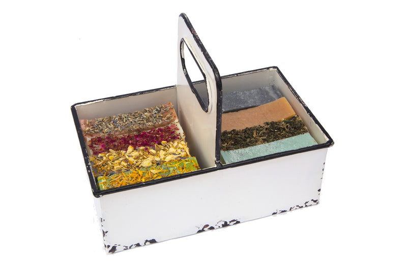 A Metal rustic Tray with 8 Organic Luxurious Moroccan  Casablanca Soap Topped with Herbs and Flowers
